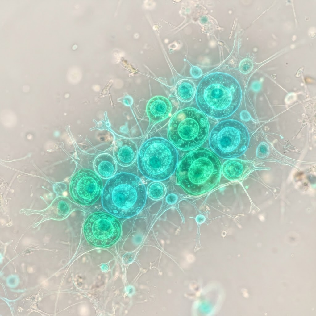 Microscopic view of glowing stem cells