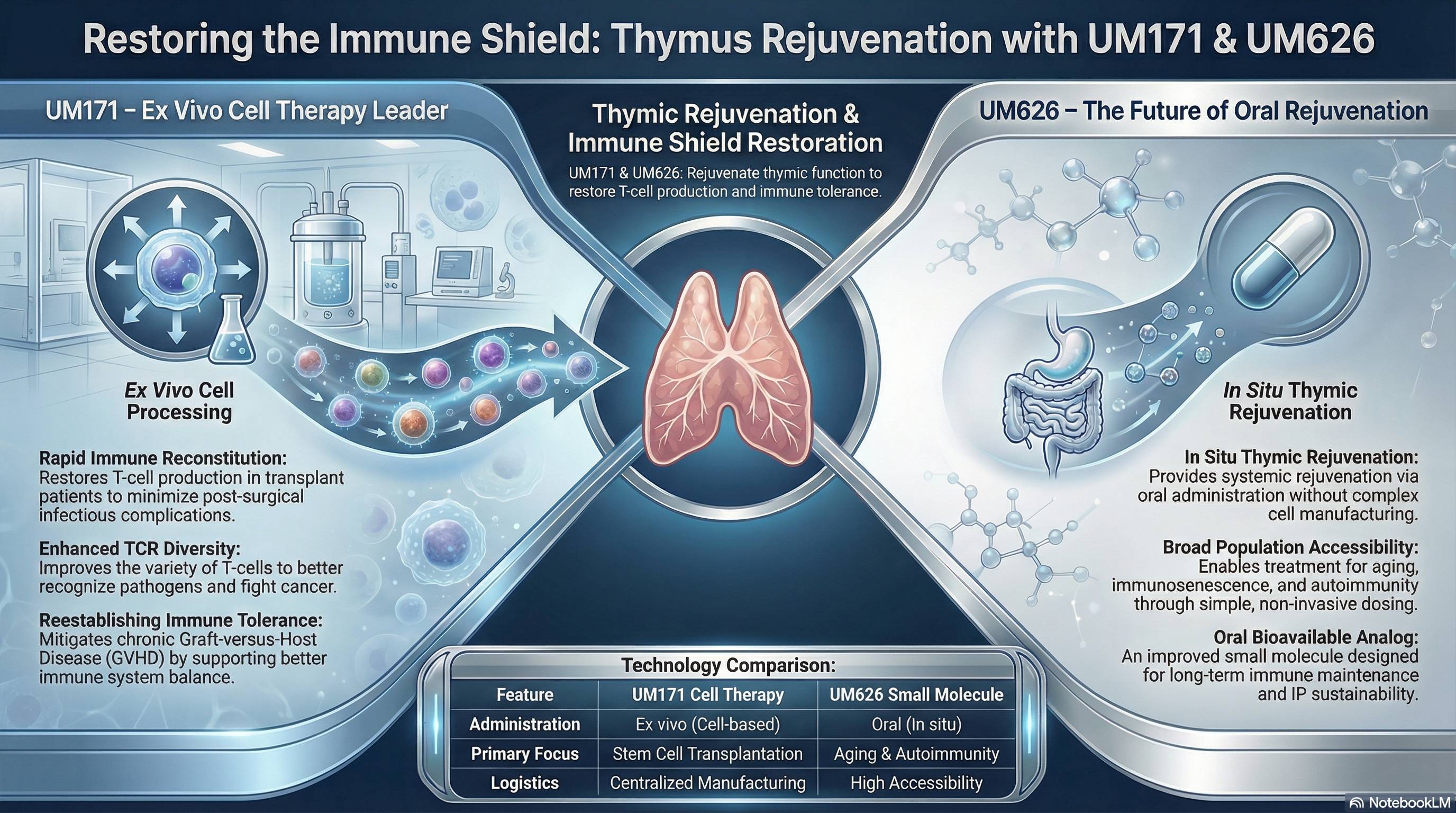 Infographic: restoring the immune shield through thymus rejuvenation with UM171 (ex vivo cell therapy) and UM626 (oral small molecule), including a technology comparison of administration, primary focus and logistics.